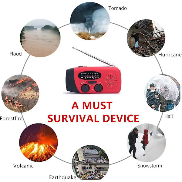 Veva Radio, Solenergi Nöd-FM AM NOAA Bärbar Radio med SOS-Alarm, LED-ficklampa, 2000mAh Powerbank USB-C Mobiltelefonladdare db Red