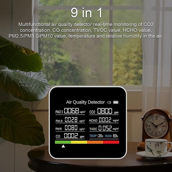 9-i-1 Luftkvalitetsmonitor CO2-mätare Koldioxiddetektor CO2 CO TVOC HCHO PM2.5 PM1.0 PM10 Tempe db