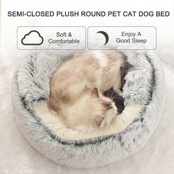 2-i-1 Rund Plysch Sängsoffa för Katt och Hund Vintervarm Husdjur Katt Liten Hund Sovplats Söt Fluffig Mjuk DB Brown S