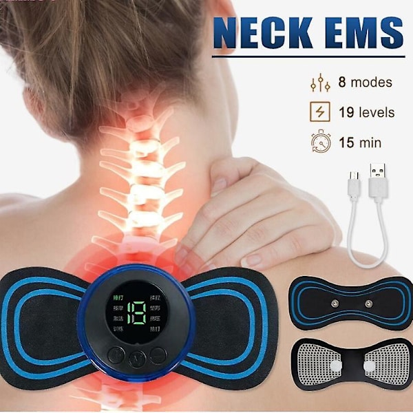 EMS Nakkemassasje Oppladbar Cervical Massasje Klistremerke 8 Modus 19 Gir Pulsert Terapi Instrument Tens Muskelstimulator Smertelindring [DB] 1 Machine+2 Patch