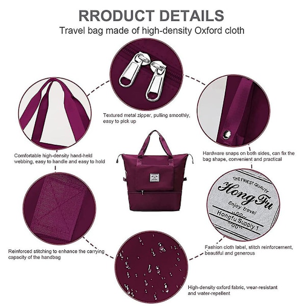 Stor kapasitet sammenleggbar reiseveske, lett utvidbar reise duffel bag, treningsbag Weekender overnatting bag gaver DB Dark Purple