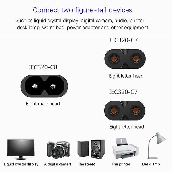 IEC320 C8 til 2X C7 Y Split AC Strømkabel, IEC Figur 8 Han til 2 Hun 1 ind 2 ud AC Strømkabel [Db] black