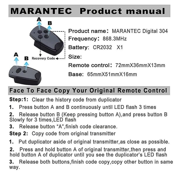 Marantec 868mhz Garage Door Remote Replicator Digital D304 382 D384 D302 D313 D321 D323 868.3 Command Transmitter  [dB} 1pcs 2 Buttons
