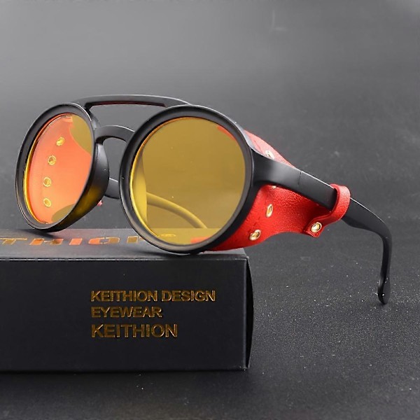 KEITHION Glacier Tuulenpitävät Vuorikiipeily Steampunk-tyyliset Pyöreät Vintage Aurinkolasit, Retro Silmälasit Miehille Naisille Nahkaisilla Sivusuojilla, C [db] Black