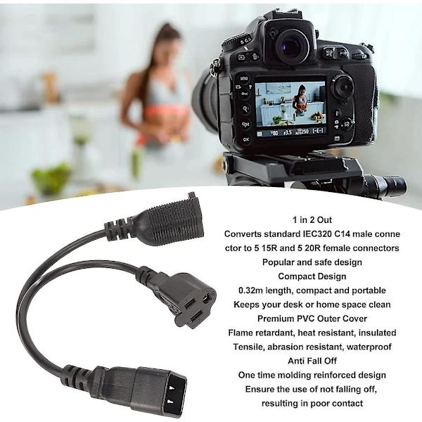 Iec320 C14 til Nema 5-15r+ 5-20r strømkabel 1 ind 2 ud Y-splitter adapterledning [DB]
