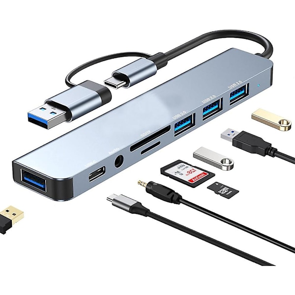 USB-C Hub 3.0, 8 i 2 USB Hub 3.0 Multiport Adapter med SD & TF Kortläsare, USB 3.0 & USB 2.0 Portar, 100W PD, 3.5mm Audioportar, USB Typ C Hub DB