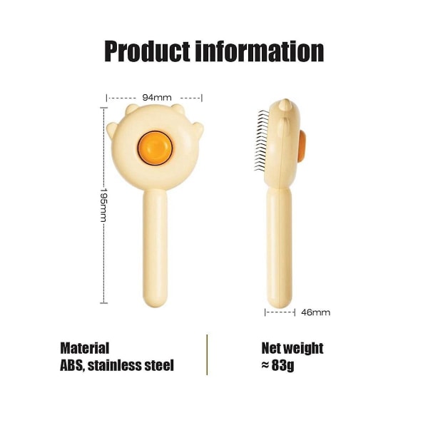 Kæledyrsbørste, plejebørste med udløserknap, kæledyrsmassagebørster, selvrensende kartebørste (gul