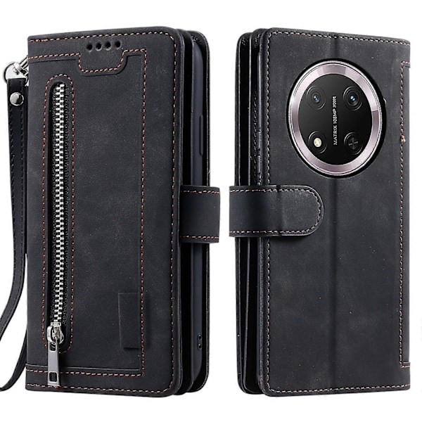 För Honor Magic7 Lite 5G/ X9c 5G Fodral PU Läder Telefonfodral med Dragkedja Plånbok 9 Kortfack [DB] Black