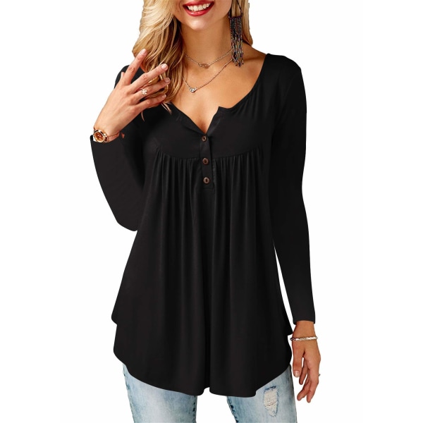 Uformelle lange/korte ermede topper for kvinner Løse plisserte tunikaskjorter (svart, XL)