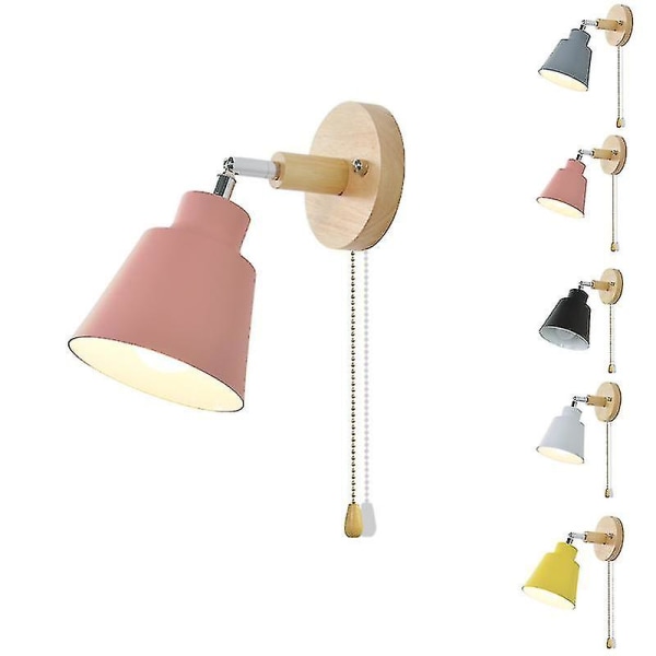Sengelampe Natlampe Nordic Wooden Væglampe Bedside Væglampe Soveværelsesgang med lynlås [DB] Pink