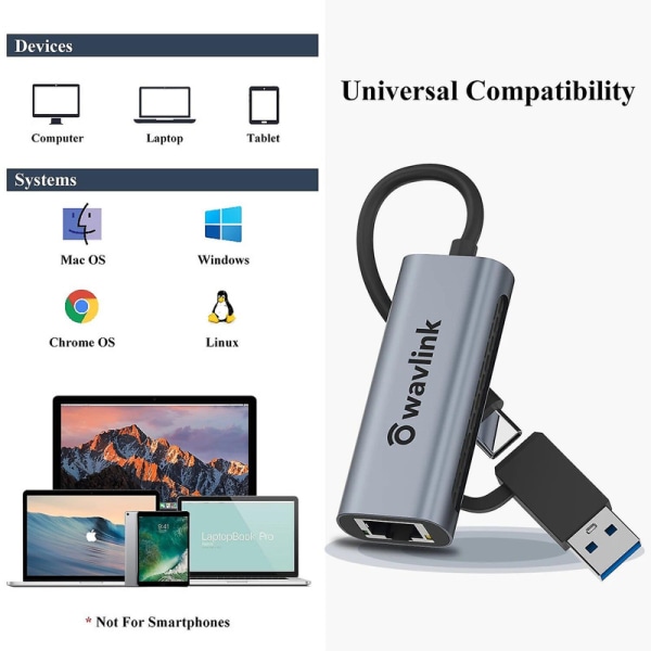 Wavlink USB C till 2,5 g Gigabit Ethernet-adapter Typ C till 2,5 nätverkskort Rj45 Lan 2,5 gbps Usb3.0-konverterare för Windows Mac Os X db NWU327GC