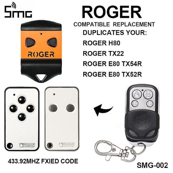 Roger H80 Tx22 Roger E80 Tx54r Tx52r Garagedörr Fjärrkontroll Roger Remote Garage Key Duplikator för Gate Control 433,92mhz
