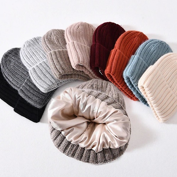 Talvi Silk Satin Vuorattu Beanie Hat Naiset Miehet Unisex Paksu Chunky Hat Raidallinen Lämmin Pehmeä Korkea Laatu Käsinkudottu Käsinkudottu Beanie Hat db Blue