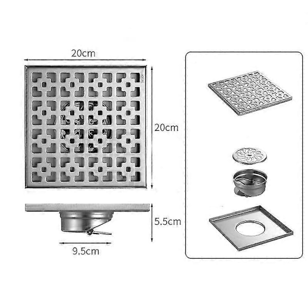 20*20cm Utendørs Gulvsluk, Gulvsluk og Dusjsluk, Sluk Gulvsluk, Sifon med Duftstopper og Hårfanger [DB] Silver