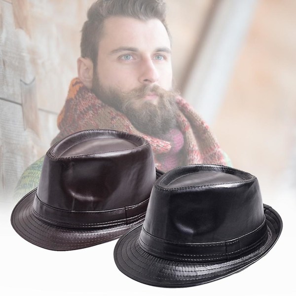 Mode vintagehat Gentleman Classic Fedora Hat Pu læderjazzkasket med stor skygge til middagsfest [dB} Black