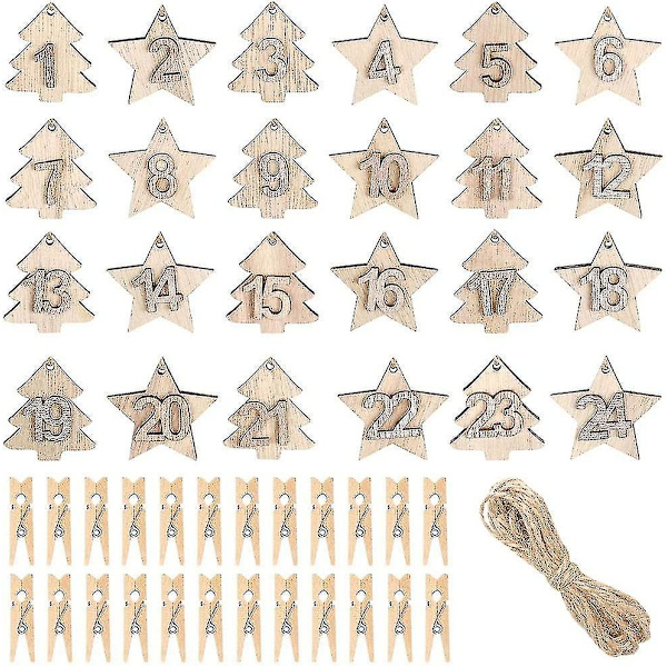 Julekalender Numre Træ, Julekalender Nummer Jule Nedtælling Kalender Med 24 Stykker Klips, Træ Ornament {db}