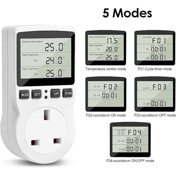 Digital Termostat, 230V Temperaturregulator Stikkontakt, 13A Timer Switch Stik med Sensor til Reptil Drivhus Hjemmefermentering db EU