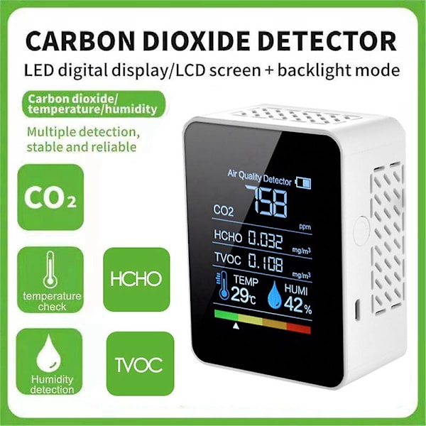 5 i 1 luftkvalitetsmonitor CO2-måler digital temperaturfugtighedstester kuldioxid Tvoc Hcho-detektor sort