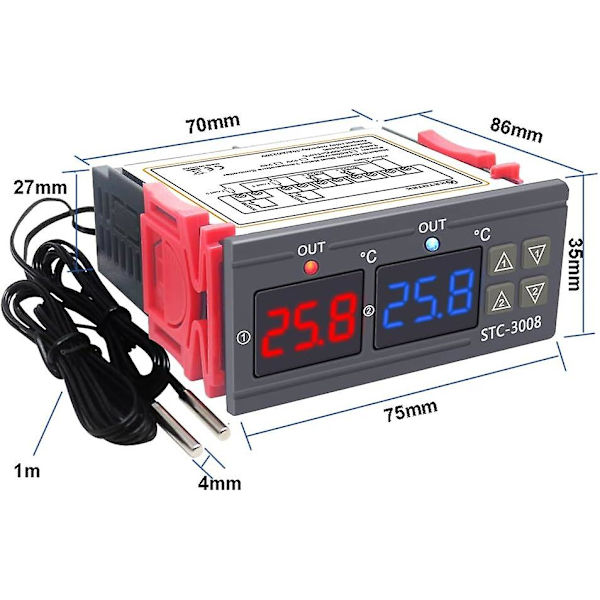 Digital temperaturregulator 220v dobbelt relæ med 2 sensorer temperaturfølere Stc-3008 køling varme regulator inkubator