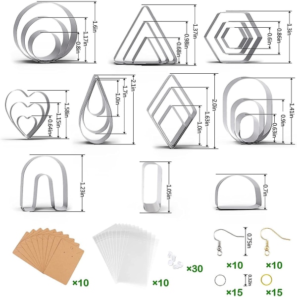sysy 24stk Polymer Clay Cutters, 10 Shapes Clay Cutters med øredobberkort, ørepyntkroker, hopperinger [DB]