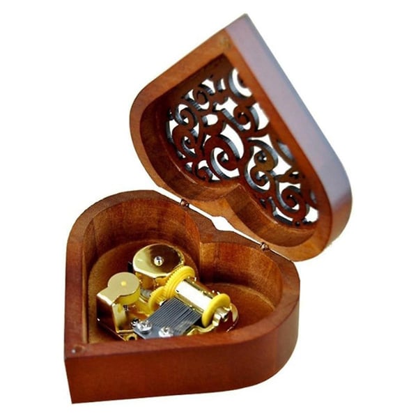 C-hjerteform Vintage Wood Carved Mechanism Musical Box Wind Up Music Box, jul/bursdag/valen [DB]