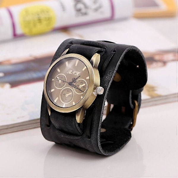 Herr Retro Armbandsur Bred Läderrem Manschett Vintage Quartz Armbandsur [Db] Black
