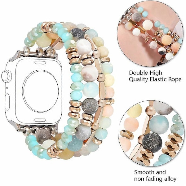 40mm/38mm/41mm Natursten Boho Chic Krystal Perlebesat Elastisk Urrem - Kompatibel med Apple Watch Series 9/8/7/SE/6/5/4/3/2/1 - Håndlavet [DB] Light Blue