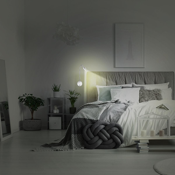 Mobestech AC 85-265V 3W 360-graders Fleksibel Arm LED Vegglampe LED Leselys Nattlampe med Bryter (Varmt Hvit) [DB] Silver