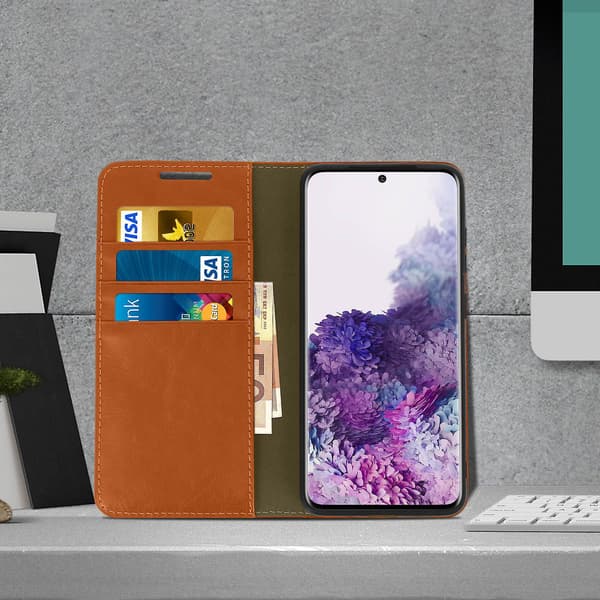 Folio Aitoa Nahkaa Galaxy S20 Kotelo Korttipidike Videoteline Punainen [DB] Light Brown