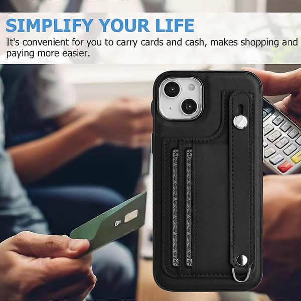 Stöttåligt Läder Telefonfodral med Handledsrem [DB] Black For iPhone 14