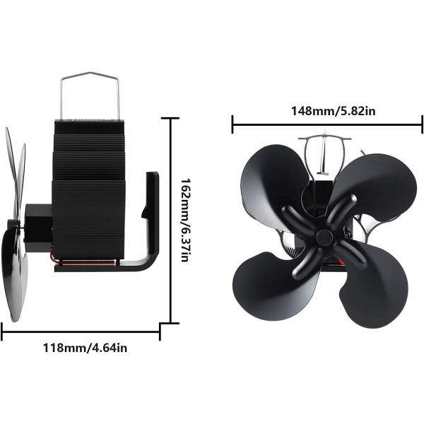 Vedspisfläkt, 4 blad värmedriven spisfläkt, för ved/eldstad/gas/pellets/vedspis