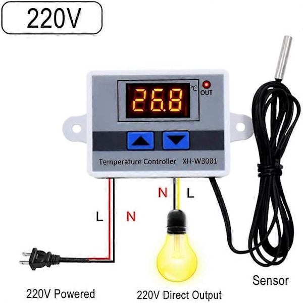 220 Digital LED Temperaturkontrollmodul, XH-W3001 Termostatbrytare med Vattentät Sond, Programmerbar Värmetermostat [DB]
