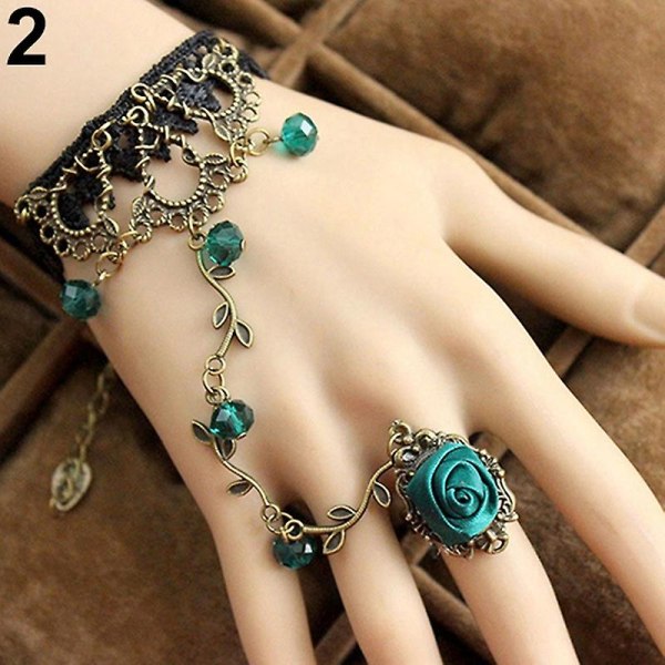 Retro gotiske kvinder blonder blomst hånd slave sele armbånd kæde ring smykker Green