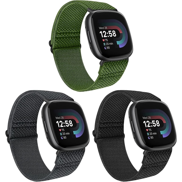 3-pack elastiska nylon som är kompatibla med Fitbit Versa 4 Strap/fitbit Versa 3 Strap/fitbit Sense Strap/sense 2 Strap, Soft Loop Justerbar Sport Rep