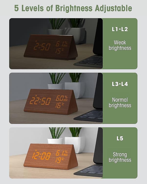 Digital väckarklocka i trä, digital klocka med snooze/datum/temperatur och luftfuktighet - Brun[DB]