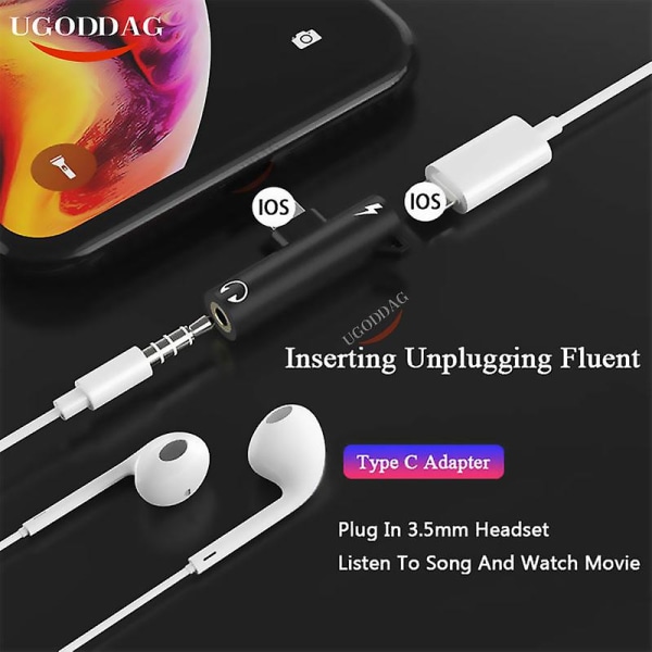 2 in 1 -äänikuulokkeiden latauskaksoissovittimen jakaja iPhonelle Huawei 3,5 mm:n liittimelle kuulokkeisiin Aux-kaapelin liitin