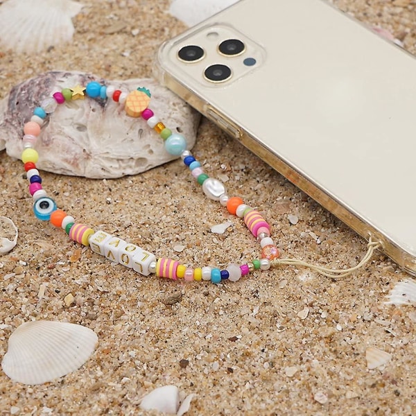 Pearl Handledsrem för telefon, Smiley Face Universal Mobile Phone Lanyard Beads Handledskedja för kvinnor Flickor Bohemian Pearls Charm Mobiltelefonsnodd