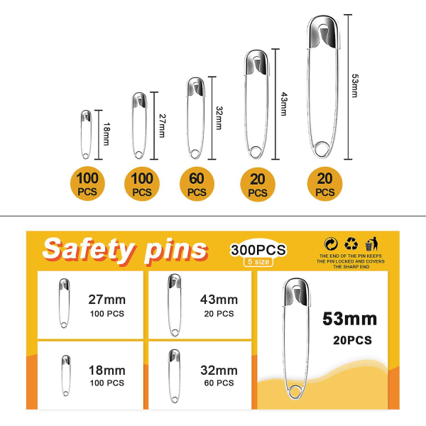 Paket med 300 säkerhetsnålar, 5 storlekar silver hållbara säkerhetsnålar, quiltade säkerhetsnålar, rostfria säkerhetsnålar för kläder, hantverk, sömnad, smycken