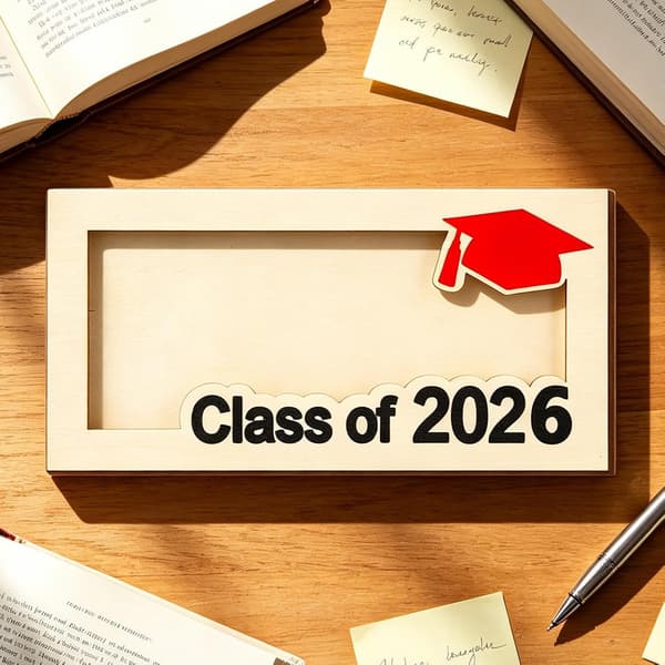 Træstander til en sølvgave – dimissionsår 2026 (humoristisk design) – Ideel til dimissioner (DB)