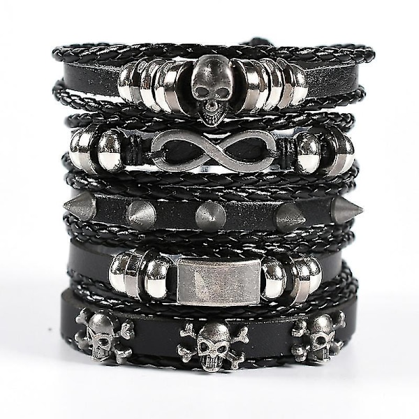 5 st svarta flätade läderarmband för män och kvinnor Punk Skull Armband Rock [DB]
