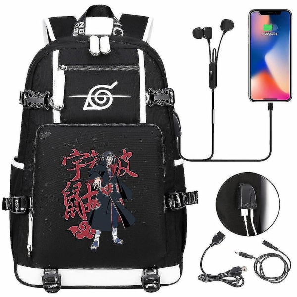 Anime Naruto Akatsuki Itachi Sharingan Ryggsäck Usb Cahrge Gymnasieelever Skolväska Kapacitet Resa Laptop Axelväskor DB Deep Blue