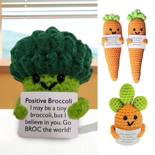 1/2 stk. Positive Hæklet Grøntsag med Opmuntrende Kort Følelsesmæssig Støtte Håndlavet Strikning Gulerod Broccoli Legetøjsdukke Børn Voksne Gave [DB] A