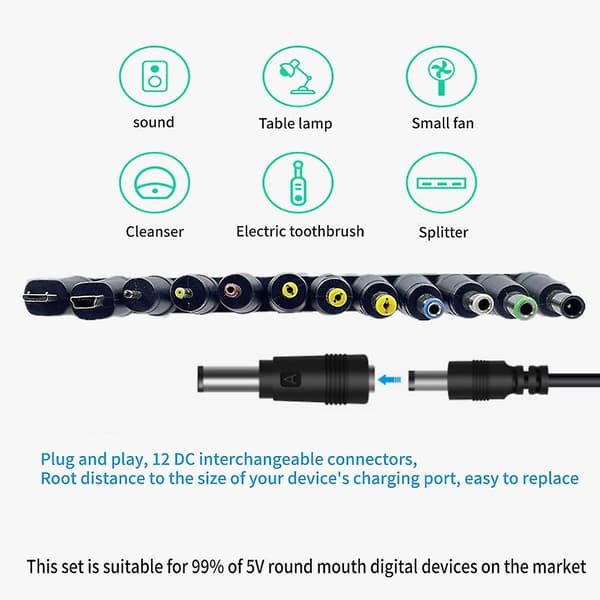 5V USB - DC5521 virtajohto tukee latausta, sisältää 12 liitintä [Db]