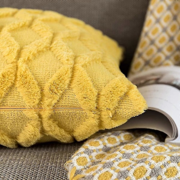 Pude og Pudebetræk Sæt af 2 Super Blød Luksus Kunstig Pels Gul Dekorativ Firkantet Pudebetræk til Sofa Stue 45 X 45cm db