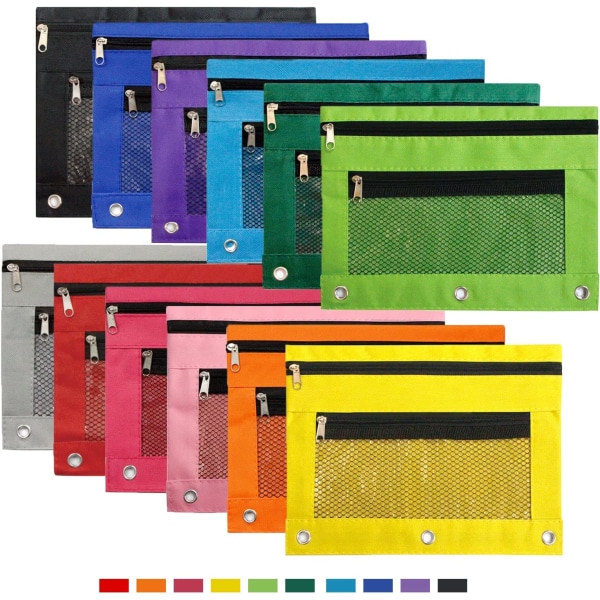 Binder Pocket 3 rengaskynätaskua, 12 pakkaus 12 väriä vetoketjullinen case kahdella taskulla