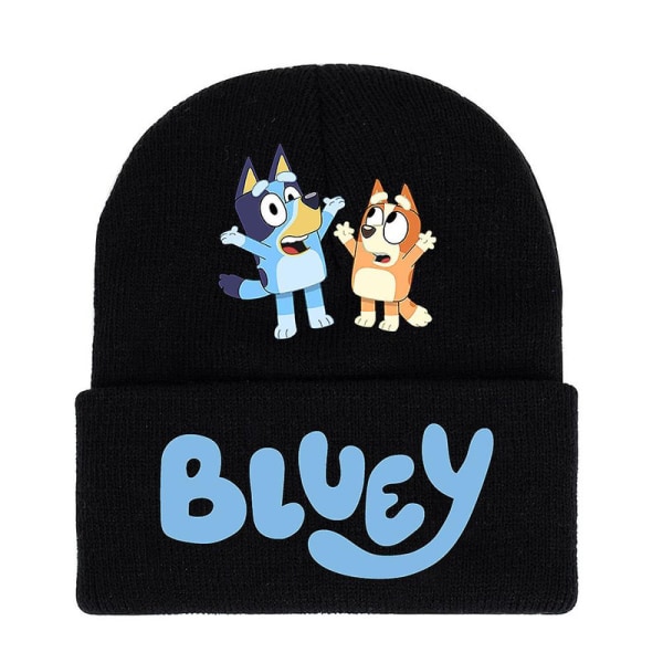 Bluey Cartoon Trykt Manchet Strikhue Hat Vinter Varmt Ski Cap Skull Caps Voksen Børn Unisex Gaver db Black B