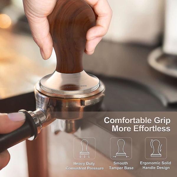 53 mm espressomatris, gjord av bas i rostfritt stål och högkvalitativt handtag i massivt trä, kaffekvarn för kaféer och kaffeälskare, kaffetrampdyna