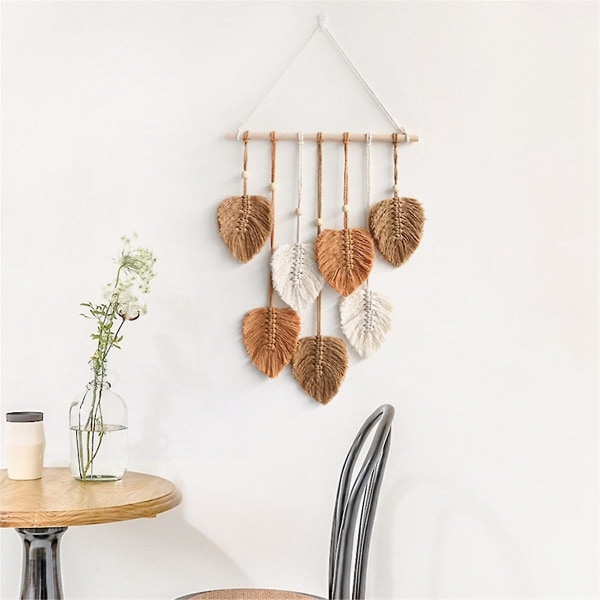 Chic Feather Boho Macrame Väggdekor Handgjorda Garn Tassels Vävda Väggkonst Blad Gobeläng Bohemian De