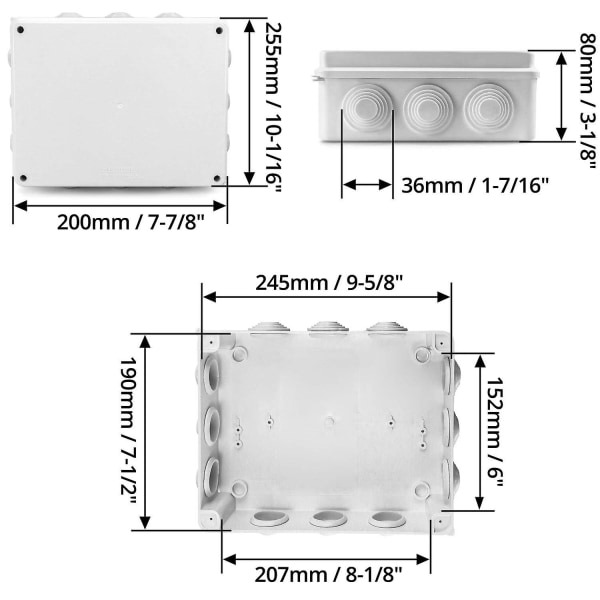 Koblingsboks, Ip65 i abs-plast, utvendig vanntett, hvit, 255 x 200 x 80 mm