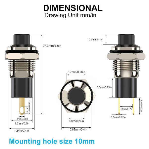 Painonappikytkimet - Itselukittuvat minikytkimet (10 mm pyöreä Dc24v, 6 kpl)